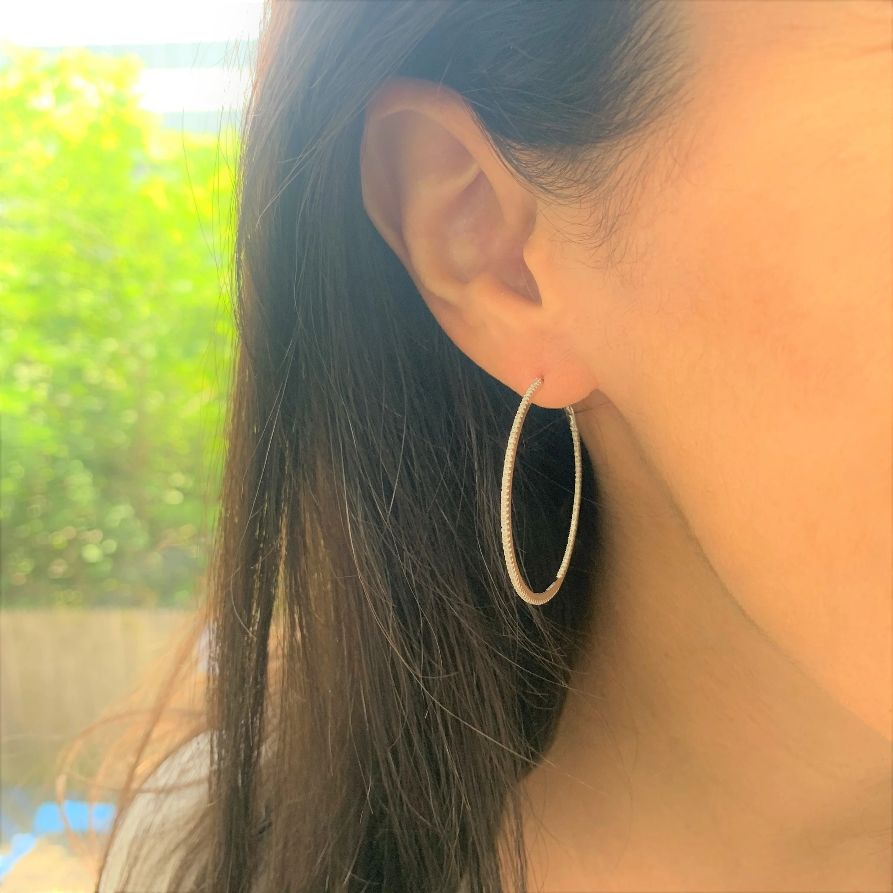 14k White Gold & Diamond Skinny Hoop Earrings 1.5 - Image 3