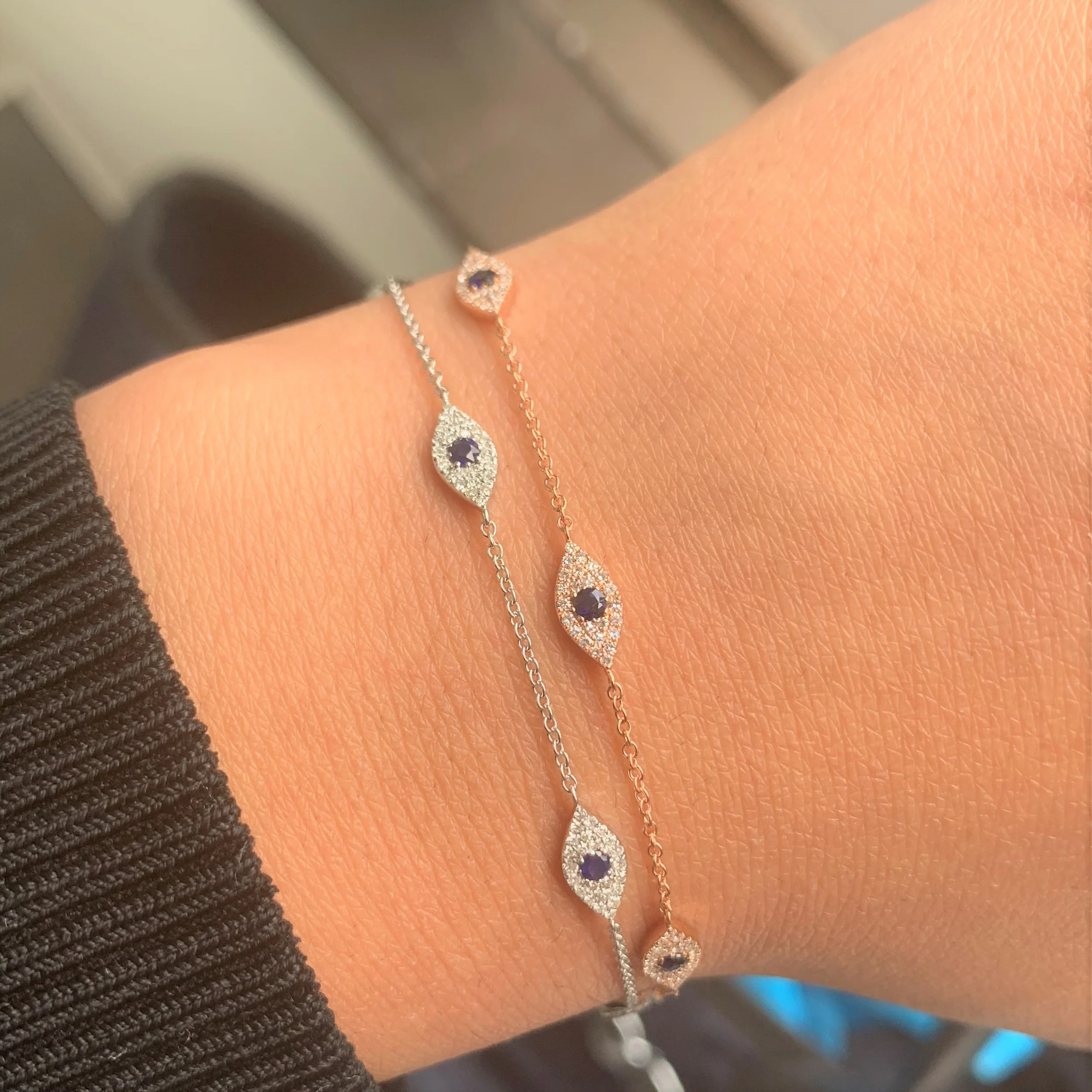 14k White Gold, Sapphire & Diamond Evil Eye Bracelet - Image 3